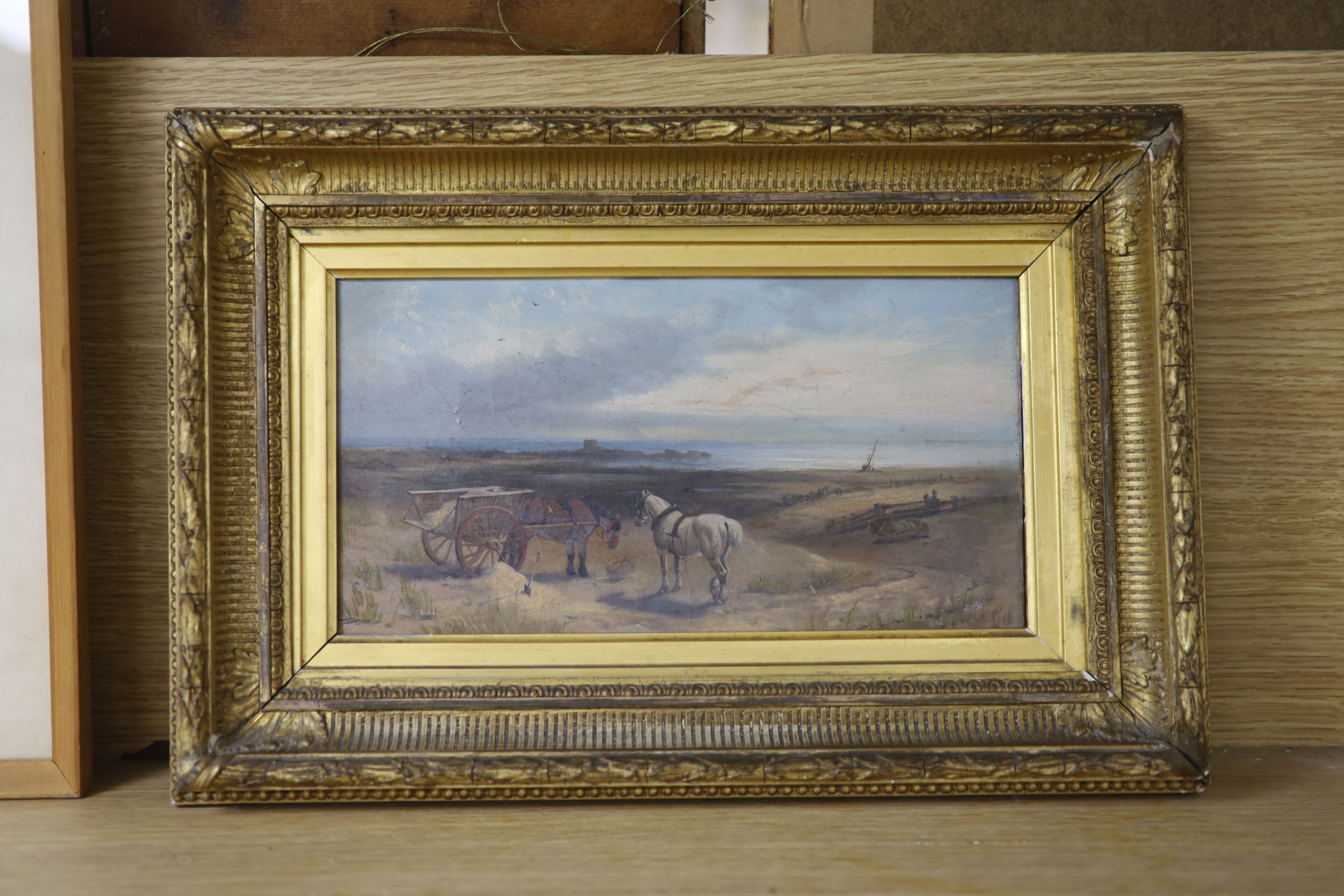 James Walsh (19th century), oil on canvas, Beach scene with cart horses, indistinctly inscribed verso, 17 x 31cm
